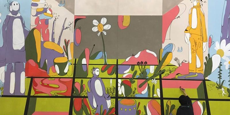 Mural of an abstract landscape featuring flowers and figures.