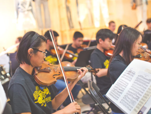 Kids orchestra playing violins