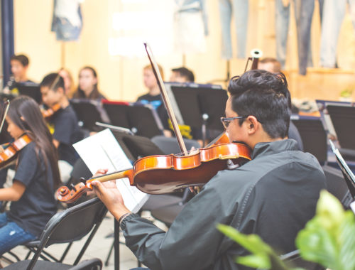 Kids orchestra playing violins