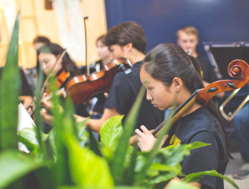 Kids orchestra playing violins